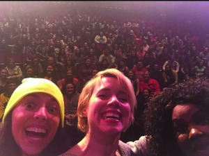 Left to right: Jade Catta-Preta, Alice Wetterlund and Nicole Byer take a group selfie with students after the show. Photo provided by Jade Catta-Preta (@thejademovie)